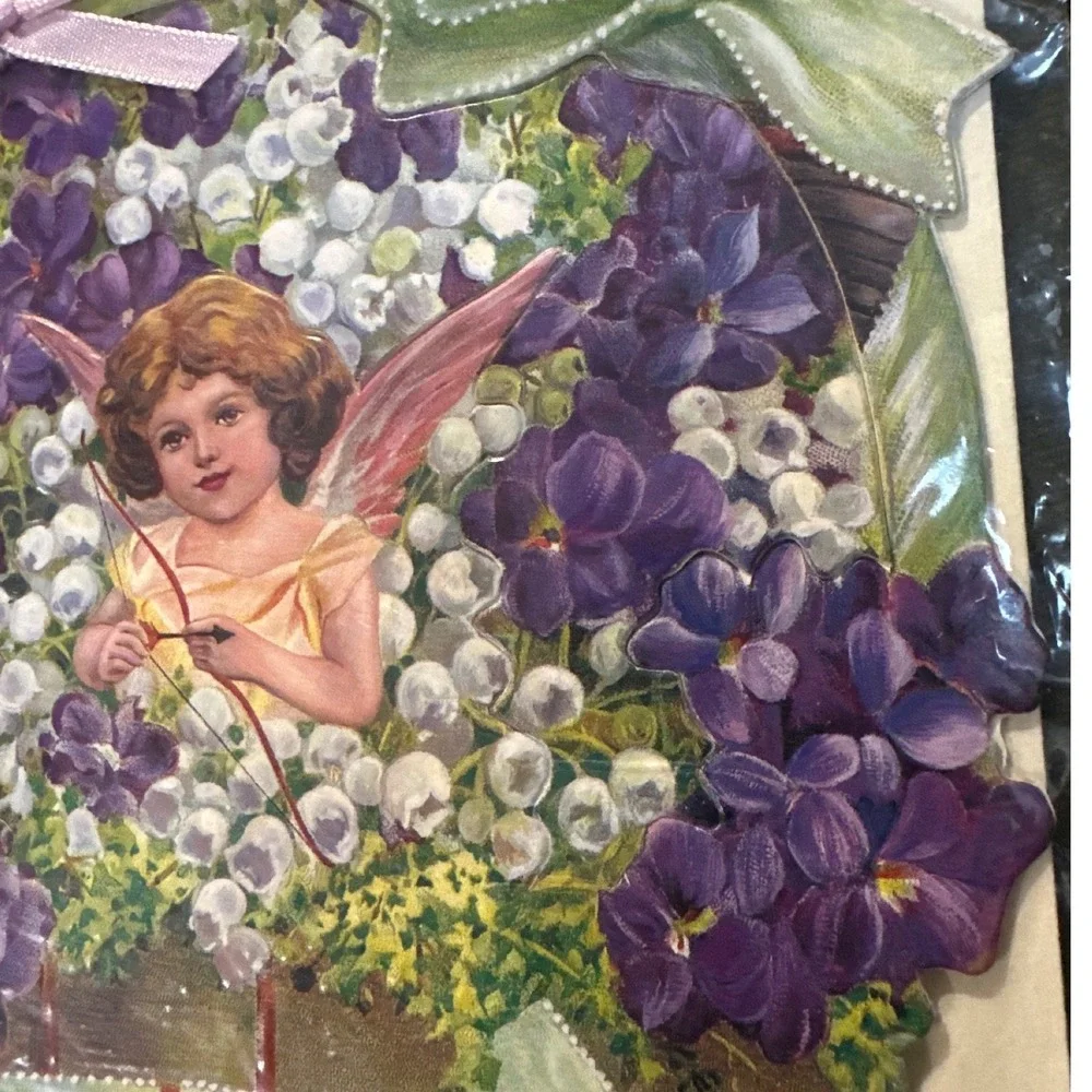 Shackman A Basket of Love Dimensional Greeting Card Victorian Cherub Violets 90s